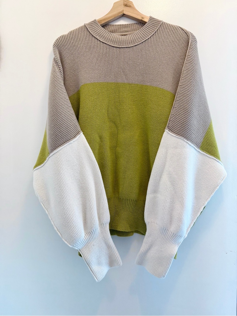 Free People Colorblock Crewneck Sweater in Olive, Taupe & White